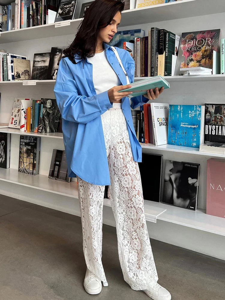 Aiertu  -  Sexy See Through Lace Women Pant White Hollow Out High Waist Two Piece Sets Female Summer Casual Outside Streetwear Aiertu