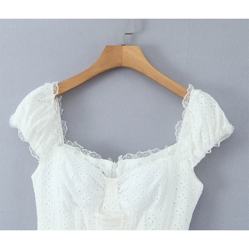 Aiertu  -  Sweet Girl Sexy Off Shoulder White Dress Summer Women Hollow Out Embroidery Party Mini Dresses Fit And Flare Birthday Robe Aiertu