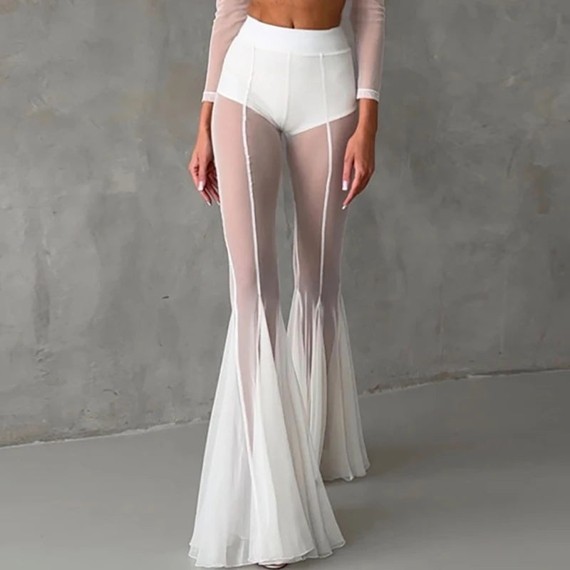Aiertu  -  Women's Casual Patchwork Pleated Flared Pants Perspective Mesh Slim Trousers New 2026 Summer Elastic High Waist Club Long Pants Aiertu