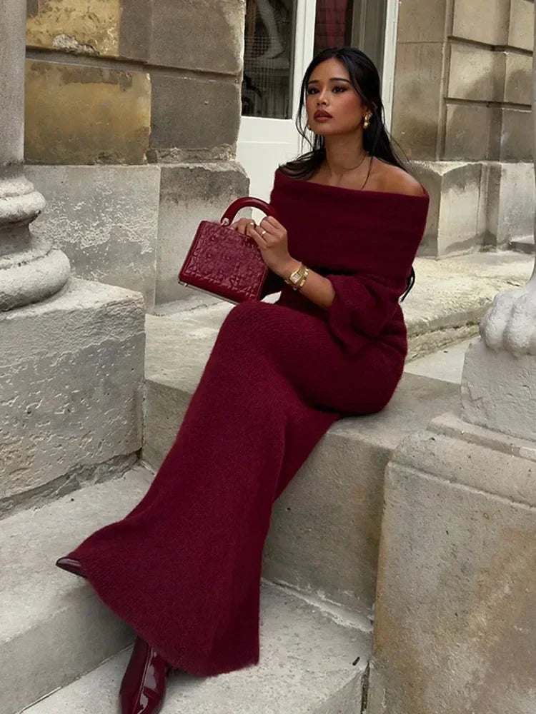 Aiertu  -  Women Off Shoulder Half Sleeves Maxi Dresses Elegant Dark Red Strapless Slim Knitted Long Dress New Sexy Lady Night Party Robes Aiertu
