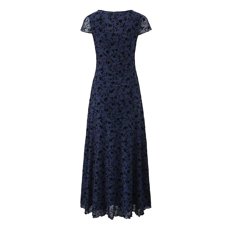Aiertu  -  Summer Women Navy Blue Short Sleeve V Neck Floral Print Dress High Waist A-line Midi Mesh Vintage Dresses French Style Robe Aiertu