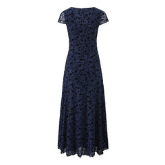 Aiertu  -  Summer Women Navy Blue Short Sleeve V Neck Floral Print Dress High Waist A-line Midi Mesh Vintage Dresses French Style Robe Aiertu