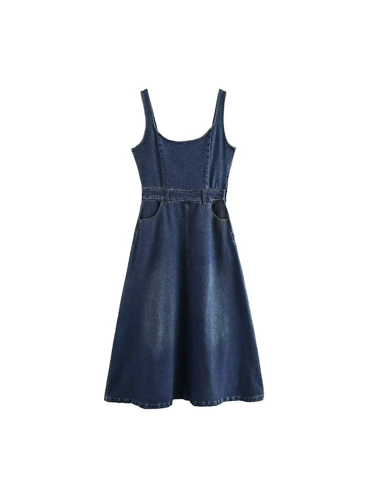 Aiertu  -  Women Fashion Denim Blue Side Zipper Backless Midi Dress Vintage Straps Square Collar Female Chic Lady Dresses Aiertu