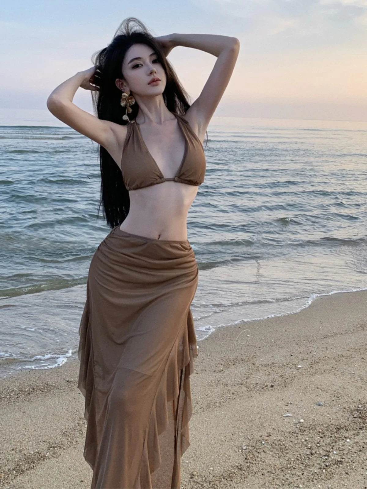 Aiertu  -  Fashion Women's Summer Brown V Neck Backless Halter Bandage Vest Tops And High Waisted Irregular Long Half Skirt Two Piece Sets Aiertu