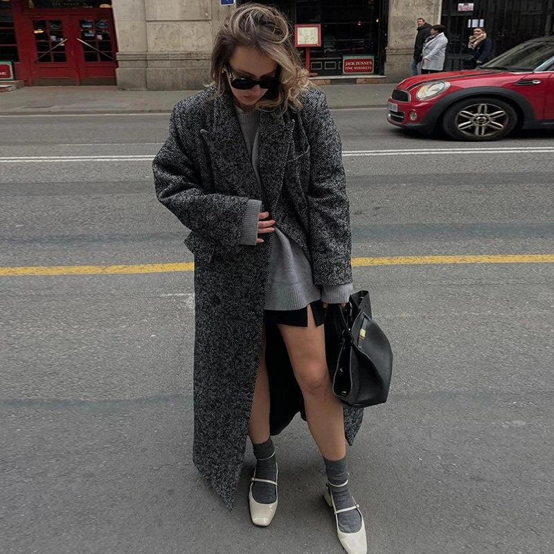 Aiertu  -  Elegant Woolen Solid Women Windbreak Full Sleeve Double Breasted Female Maxi Coat 2026 Autumn Winter Lapel Loose Lady Overcoat Aiertu