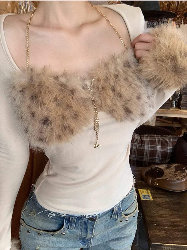 Aiertu  -  Trendy Leopard Print Fur Stitching Long-sleeved European American Slim Fit Versatile T-shirt Autumn and Winter Harajuku Y2k Tops Aiertu