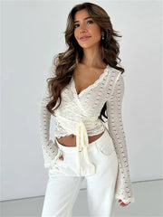 Aiertu  -  Bandage Hollow Out V-Neck T-shirt Top Women's Bandage Long Sleeve See-Through Sexy Casual Pullover Female Printed Tee Top Aiertu
