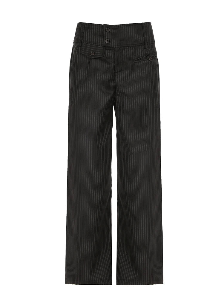 Aiertu  -  90s Retro Button-up Striped Pants Women Low Rise Loose Wid-leg Casual Pants for Summer Streetwear y2k Aesthetic Trousers Aiertu