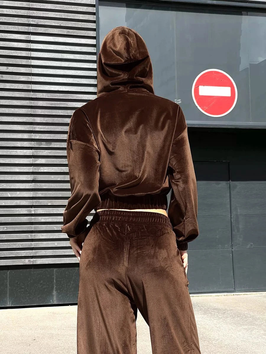 Aiertu  -   Velvet Solid Cropped Jacket Women Autumn Long Sleeve Zipper Hoodies Outerwear+Drawstring Pants Vintage Fashion Sport 2 Piece Set Aiertu