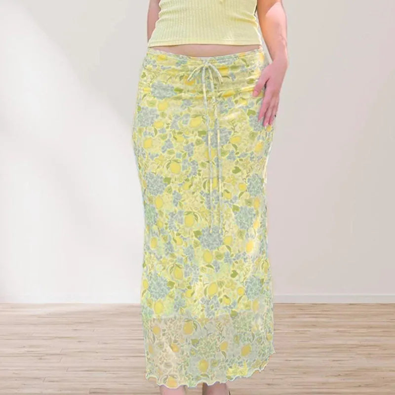 Aiertu  -  2 Pieces Set Yellow Sleeveless Crop Top and Floral Mesh Long Skirt Coords Sets Woman Vacation Summer Outfits P84-DI29 Aiertu