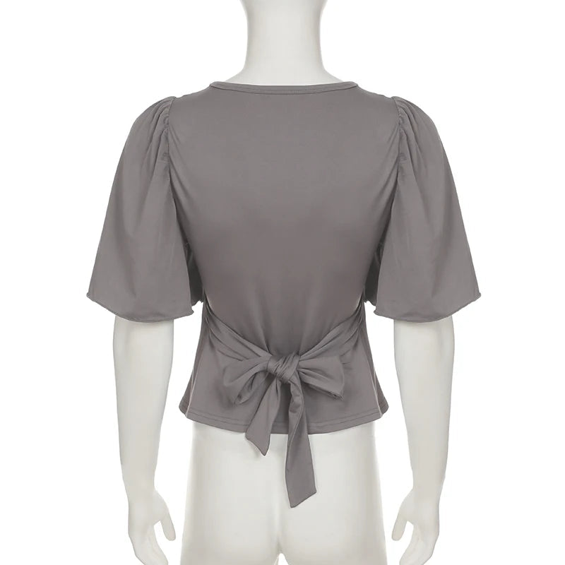 Aiertu  -  Elegant Solid Crop Top Sexy Cross Deep V-neck Half-sleeve T-shirt Slim-fitting Bandage Bow T-shirt Women Vintage y2k Tee Aiertu