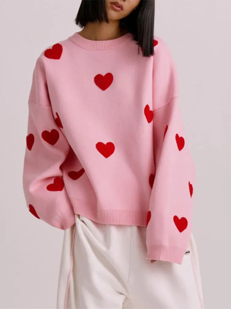 Aiertu  -  Love Heart Printed Knitted Sweater Pullover Tops Fashion O Neck Thickened Long-sleeved Sweaters Women Oversized Street Jumper Aiertu
