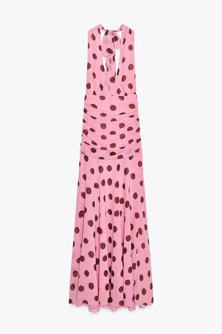 Aiertu  -  Ladies Sexy Halter Dress Lace-up Deep V Dot Design Sleeveless Backless Skinny Pleated Robe Summer Beach Evening Party Gown Aiertu