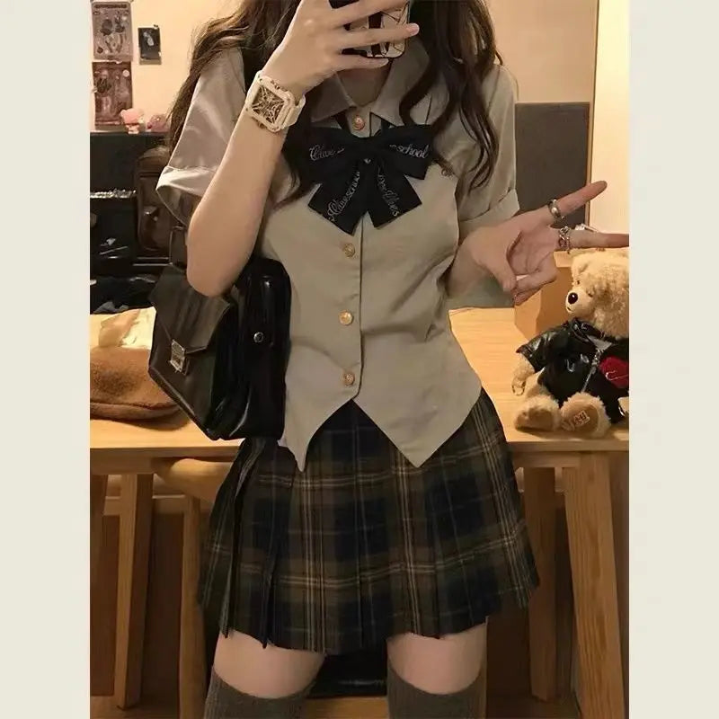 Aiertu Summer Japanese Fashion Lapel Bow Short Top Plaid Pleated Skirt Jk Suit 2pcs Women Korean Girls School Uniform Plus Size XL Aiertu