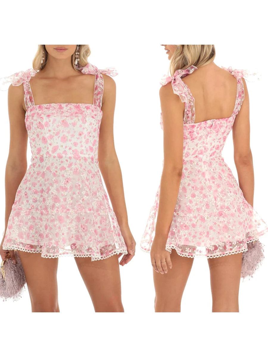 Aiertu  -  Women Summer Casual Dress Floral Print Tie-Up Shoulder Strap Mini Dress Fashion Double Layer Backless Cami Dress Aiertu