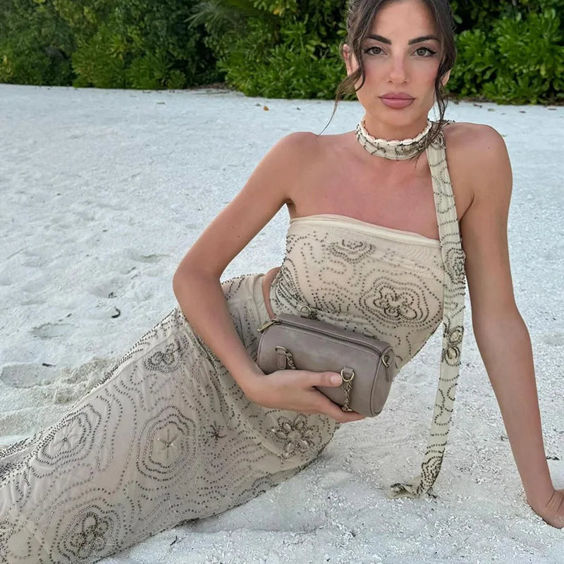 Aiertu  -  Summer Floral Beading Long Skirta Sets Women Sequin Embroidery Backless Scarf Halter Tube Vest A-line Skirts Beach 2 Pieces Sets Aiertu