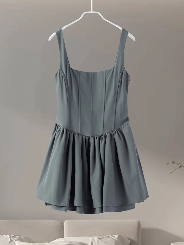 Aiertu  -  Elgant Sling Mini Dress Women Sexy Slim Square Neck Puffy Robe Female 2024 Fashion Solid Sleeveless A Line Party Dresses Lady Aiertu