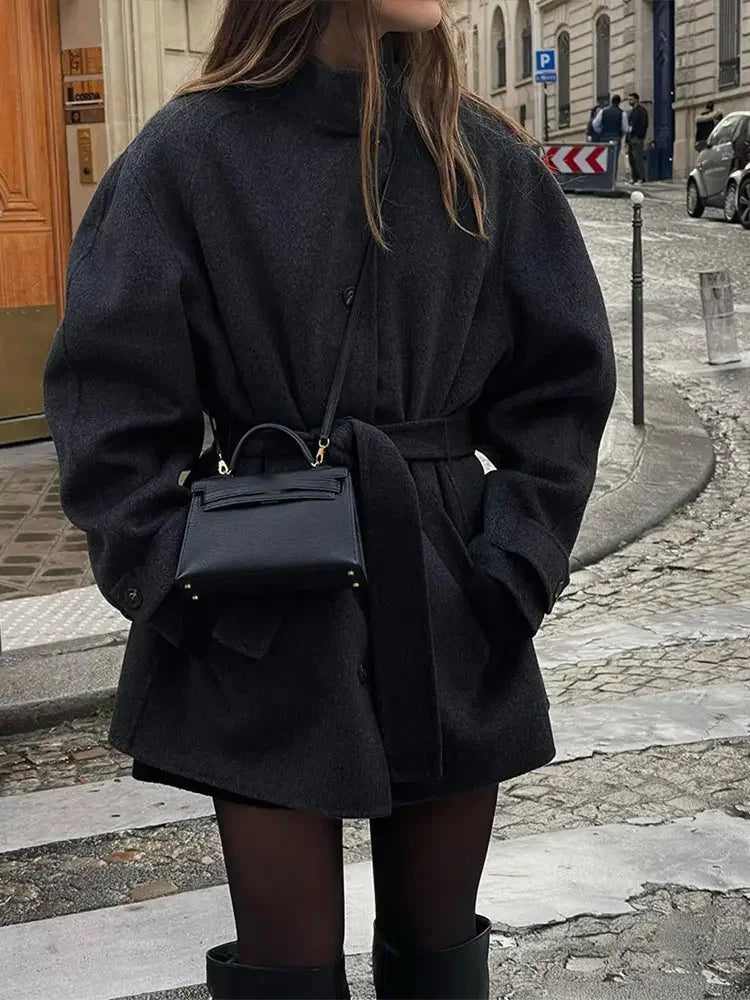 Aiertu  -  Warm Lace-up Woolen Coat With Belt For Women Elegant Single Breasted Gray Pocket Jacket Autumn Winter High Street Outerwear Aiertu