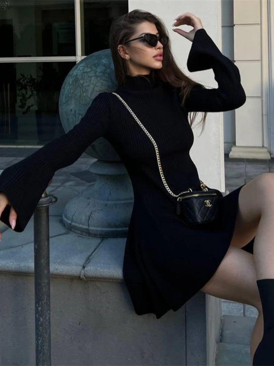 Aiertu  -  Long Sleeved Knitted Turtleneck Dress Women's Solid Color A-line Skirt Autumn Stylish Ladies Sweater Knee Length Dress Aiertu