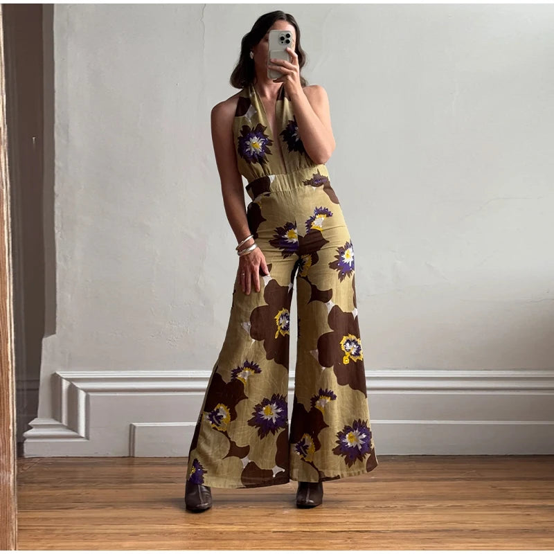 Aiertu  -  Printed Sequins Backless Halter Jumpsuits Women High Waist Deep V-neck Wide Leg Straight Jumpsuit Commute Holdiay Lady Romper Aiertu