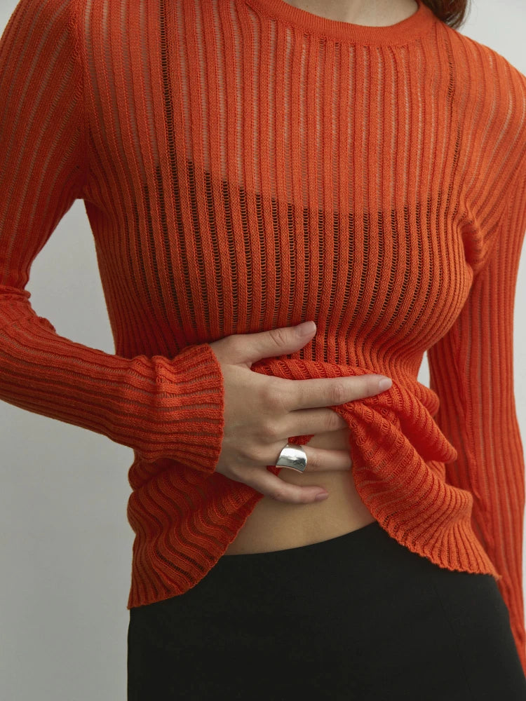Aiertu  -  Fashion White Elegant Striped See Through Women Tops Outfits Long Sleeve T-Shirts Tees Skinny Club Party Clothes 2023 Aiertu