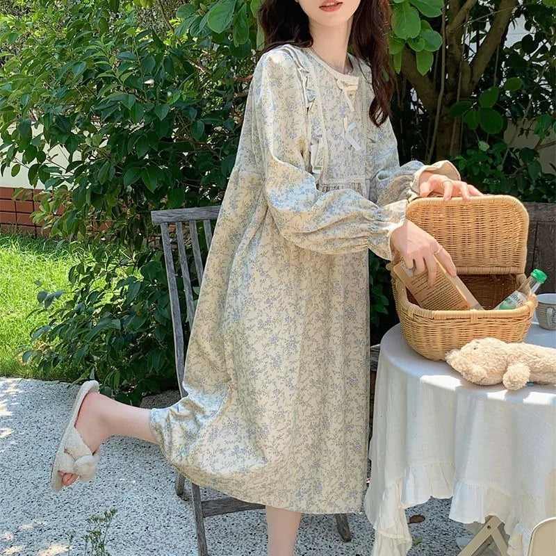 Aiertu Long Sleeve Nightgowns Women Floral Bow Temper Autumn Home Cozy Aesthetic O-neck Prairie Chic All-match Sleepwear Korean Style Aiertu