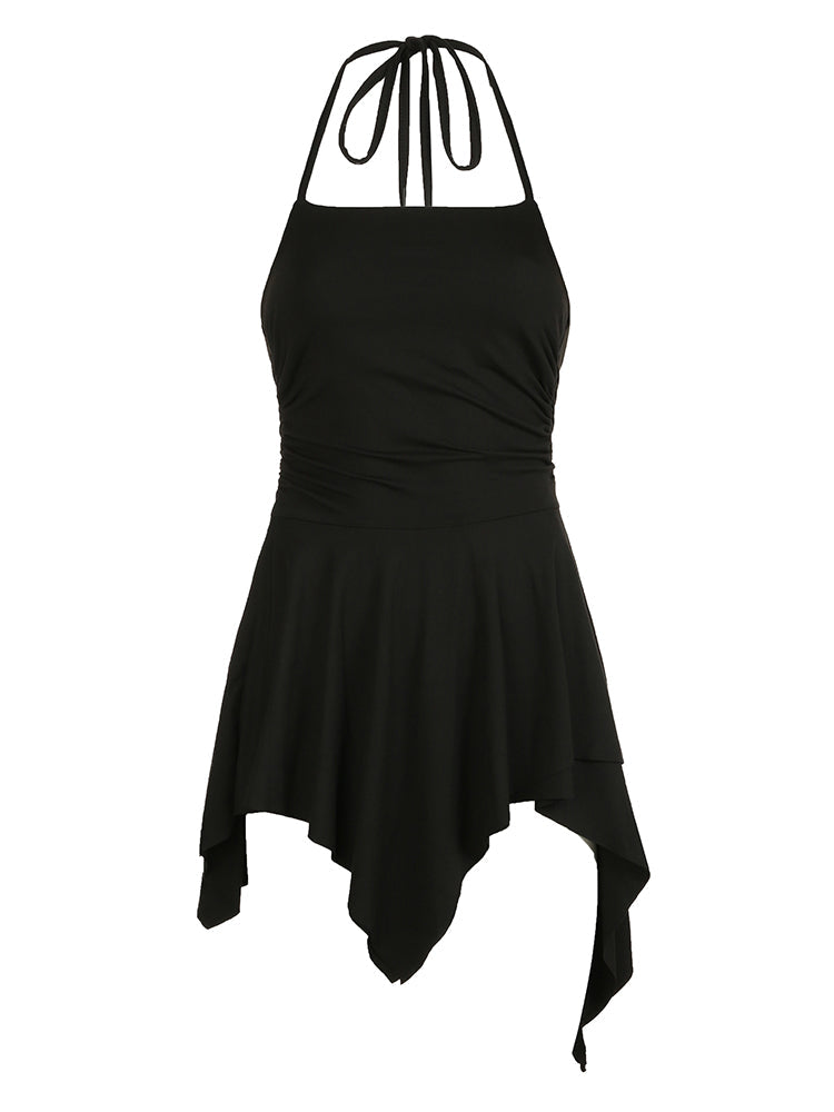 Aiertu - summer inspo Backless Halter Lace Up Sexy Boho Asymmetrical Short Dress For Women Sleeveless Skinny A Line Rave Baddie Vacation Outfits Aiertu
