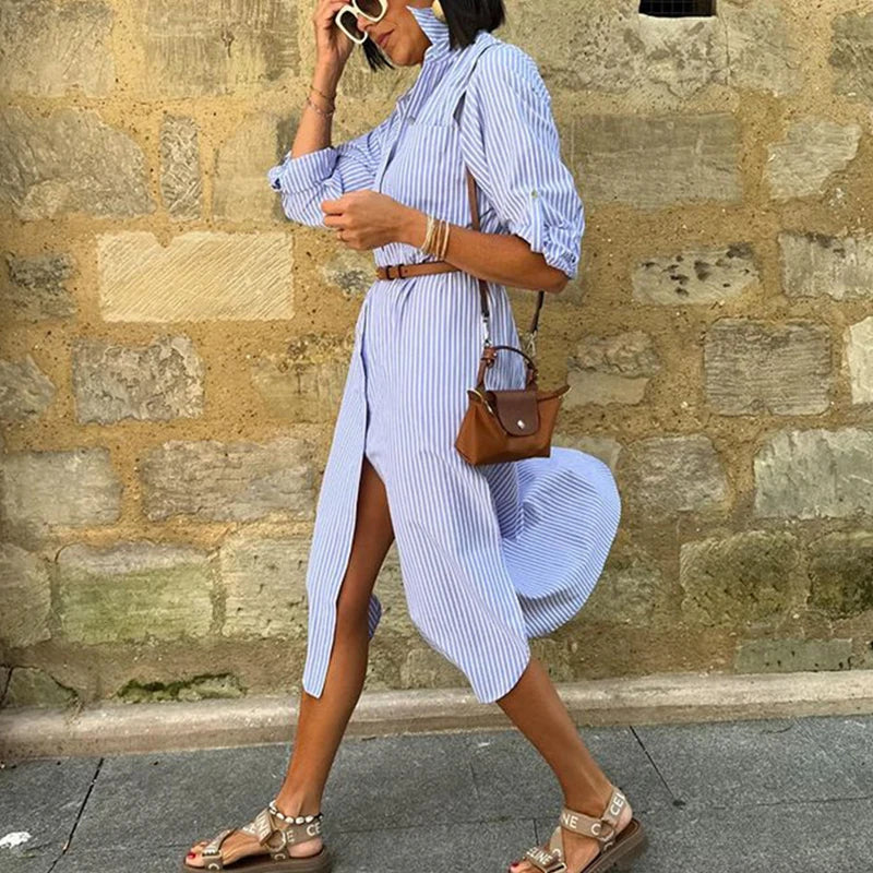 Aiertu  -  Women Fashion Single-breasted Shirt Dress Office Elegant Lapel Striped Printed Party Dress Casual Long Sleeve Loose Midi Dresses Aiertu