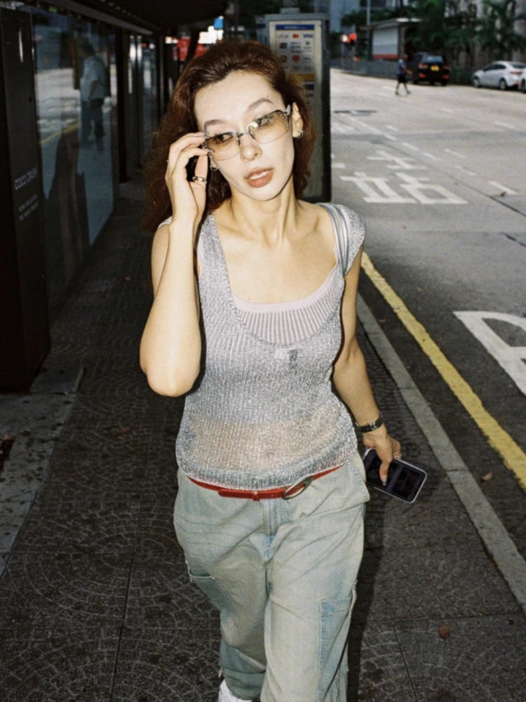 Aiertu  -  Summer Sliver See-Through Glitter Knitted Tank Tops Women Sexy O-neck Loose Sleeveless Vest Y2K High Street Tops 2025 New Aiertu
