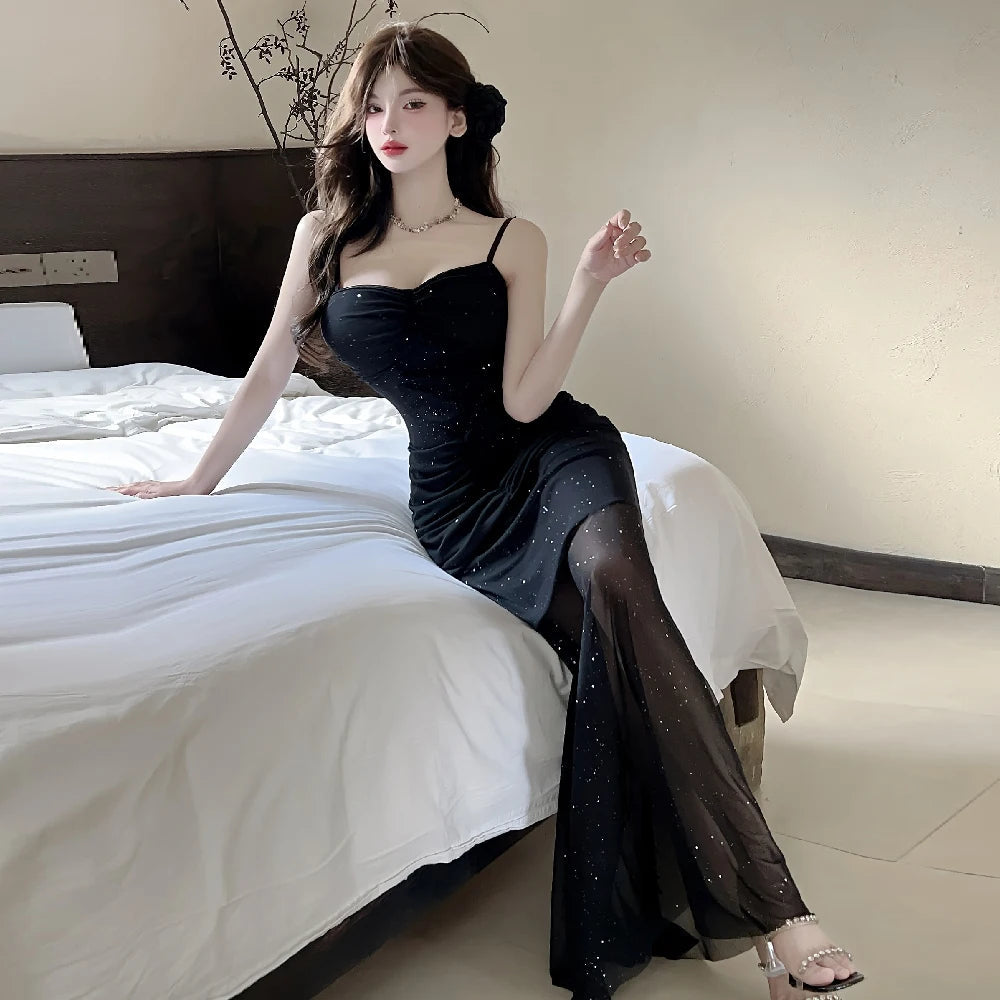 Aiertu  -   Sexy Shiny Mesh Suspender Evening Dresses Women 2025 Summer Temperament Slim Fit Waist Fishtail Party Long Dress Robe Aiertu