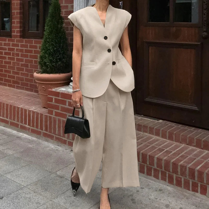 Aiertu  -  Commute Blazer Suit Women V-neck Sleeveless Single Breasted Tank High Waist Wide Leg Pant Female Set 2025 Early Spring Lady Sets Aiertu