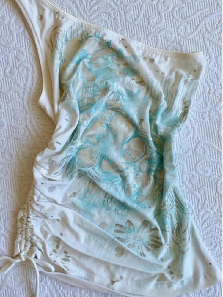 Aiertu  -  Summer Vintage Women One Shoulder Tank Y2k Aesthetic Flower Printing Slim Tunic Drawstring Vest Streetwear Fairy Grunge Camis Aiertu