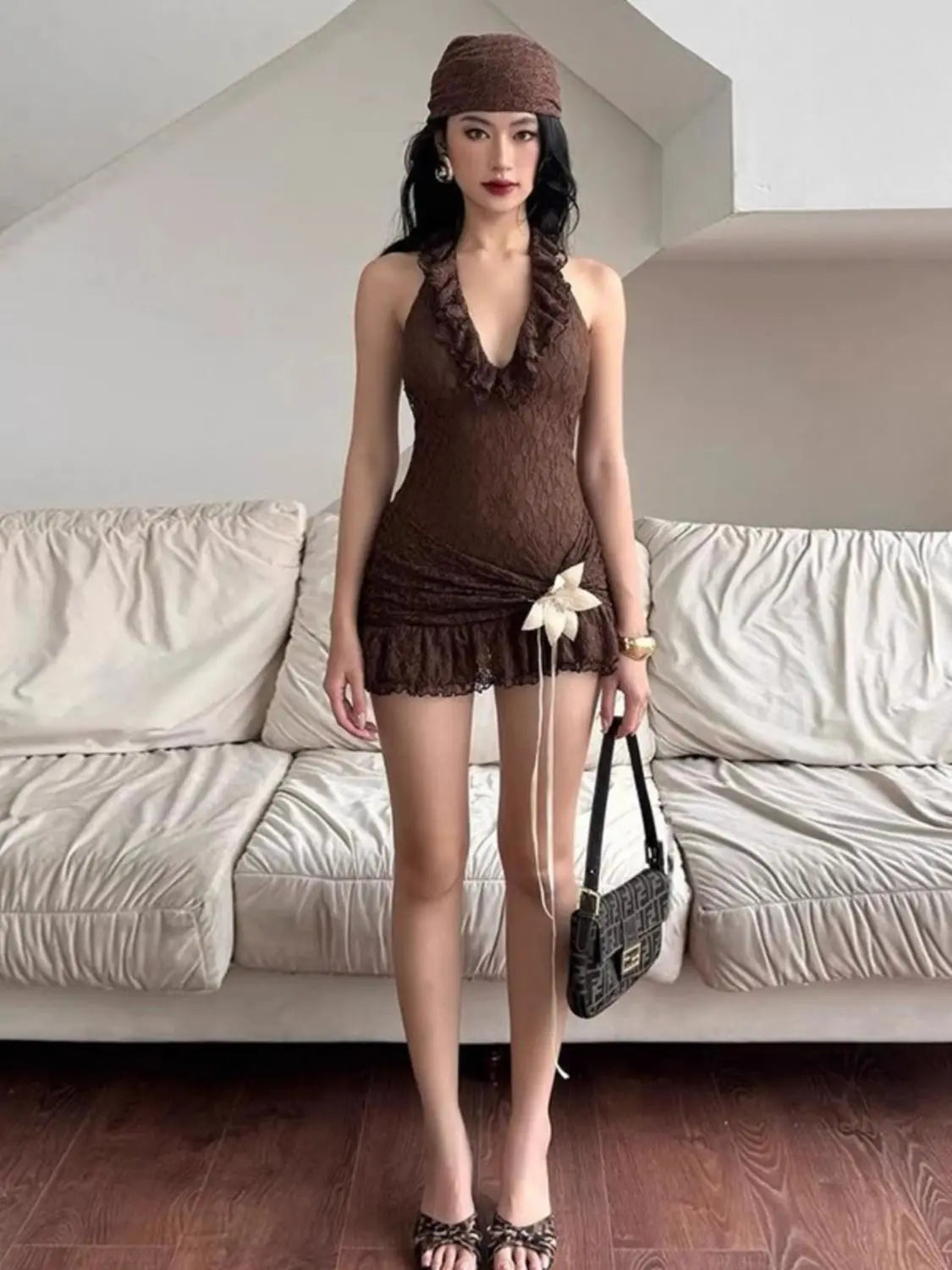 Aiertu  -  Sexy retro vacation ruffle edge deep V halter neck dress female slim slim slim skirt Aiertu
