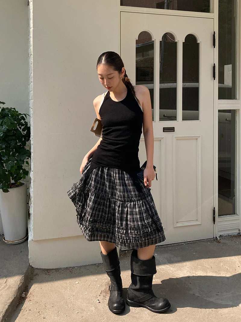 Aiertu  -  Vintage Plaid Mini Skirt Women Japanese Harajuku Ruffles Patchwork Black Skirts Summer High Waist Casual A Line Faldas New Aiertu