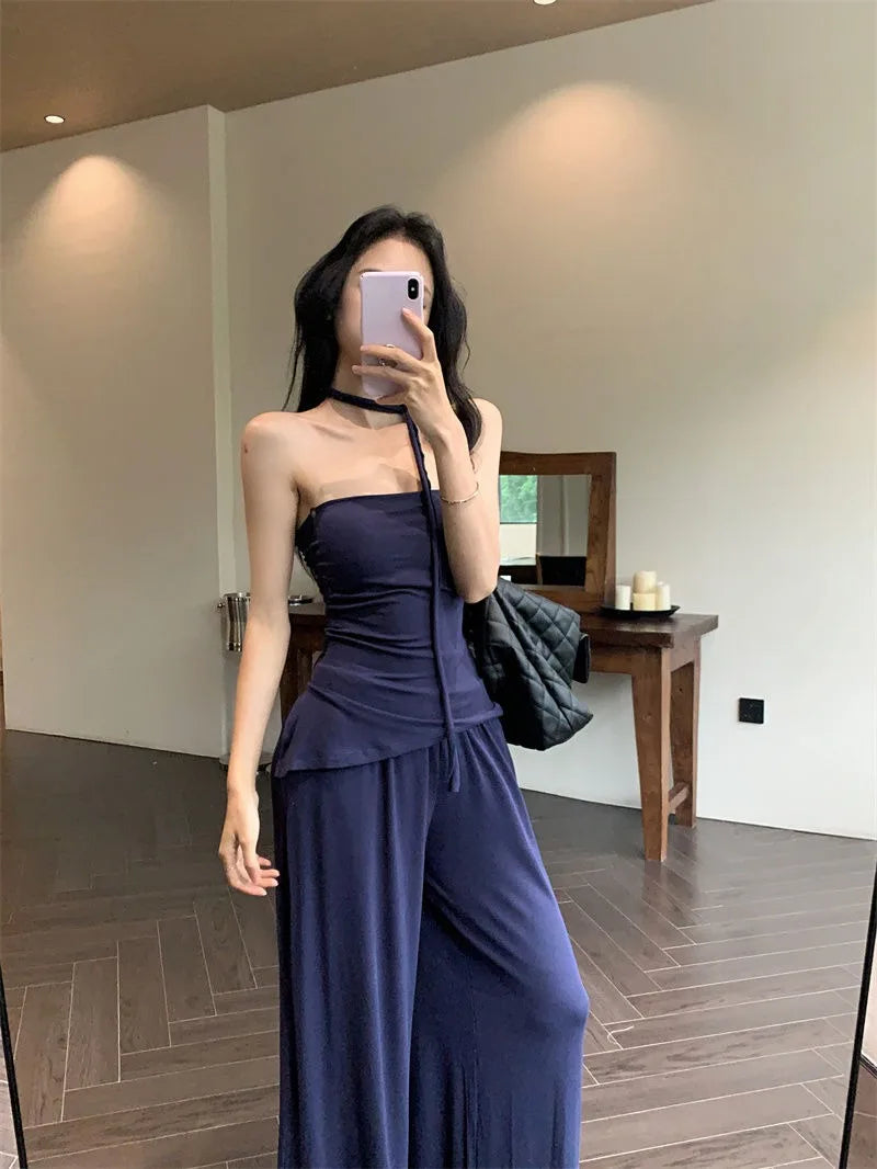 Aiertu  -  Sweet Hot Girl Pure Sexy Suit Women's Summer Irregular Slit Strapless Vest Wide Leg Pants Two-piece Set Fashion Female Clothes Aiertu