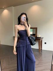 Aiertu  -  Sweet Hot Girl Pure Sexy Suit Women's Summer Irregular Slit Strapless Vest Wide Leg Pants Two-piece Set Fashion Female Clothes Aiertu