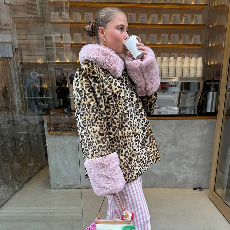 Aiertu  -  casual winter outfits Faux Fur Lapel Patchwork Female Jacket Leopard Loose Print Women Coat Lapel 2024 Vintage Winter  Single Breasted Lady Outwear Aiertu