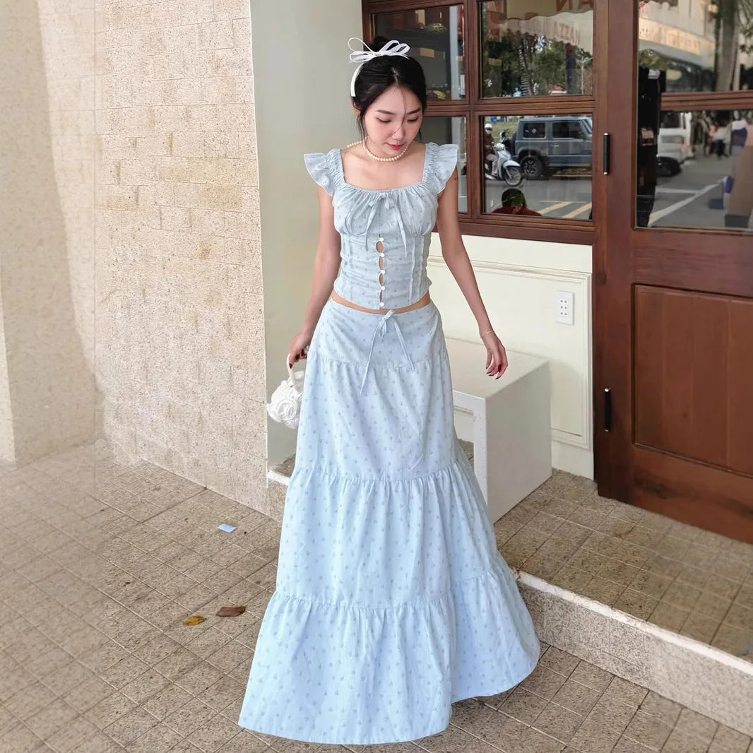 Aiertu  -  Floral Print Two Piece Set Woman Smocked Crop Top and Long Skirts Sets Shoujo Girl Style Vacation Outfits P67-GZ41 Aiertu