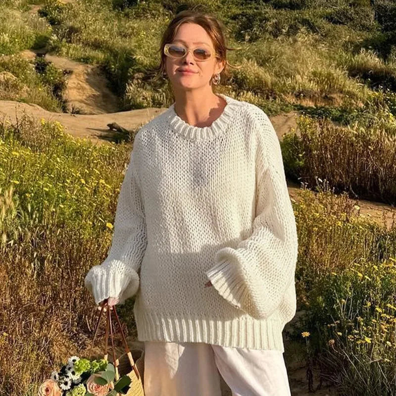 Aiertu  -  White Loose Lazy Sweater Women's Thin Long-Sleeved Pullover Knitted Top Hollow Out Fashion Autumn Female Casual Knitwear Aiertu