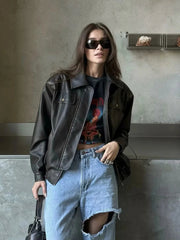 Aiertu  -  Solid Distressed Two-piece Set Women Long Sleeve PU Leather Jackets+Mini Skirts Sets American Vintage Streetwear Outerwear New Aiertu