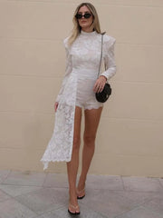 Aiertu  -  Temperament Long Sleeved Lace Patchwork Playsuit Women Fashion Round Neck Lace Up Tight Jumpsuit Summer New Rompers 2026 Aiertu