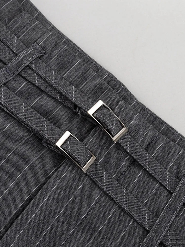 Aiertu  -  Commute Striped Pants Women High Waist Wide Leg Floor-length With Belt Pants Female 2025 Spring Summer Chic Street Lady Trousers Aiertu