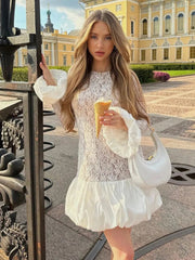 Aiertu  -  Women's Long Sleeve See-Through Lace Cake Dress Fashion Patchwork Folds Mini Dress Sexy Slim Hot Girl Club Party Clothing Aiertu