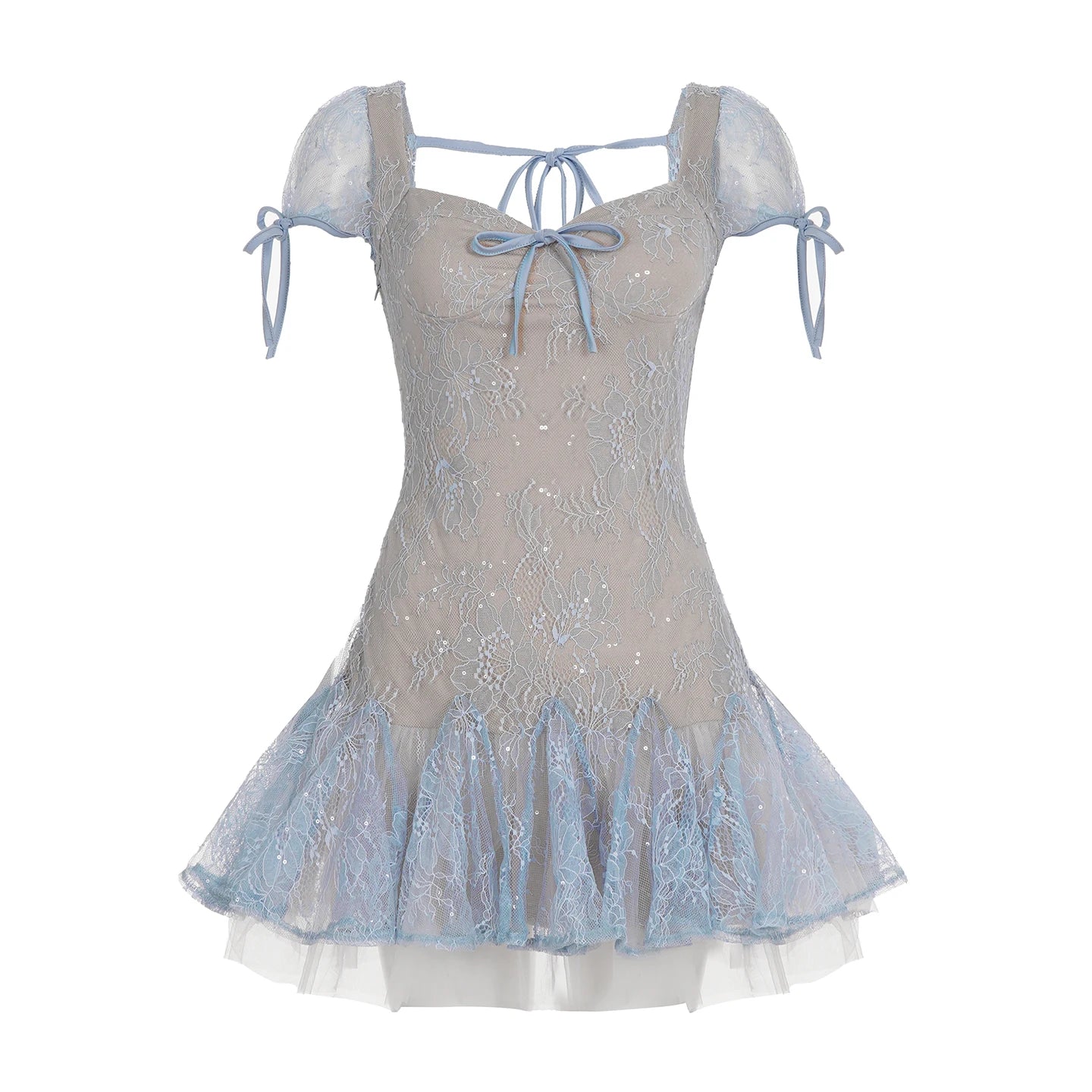 Aiertu  -  Y2K Aesthetics Lace Patchwork Square Neck Bodycon A-Line Dress Women Puff Sleeve With Strap Decorated Elegant Outfits Aiertu