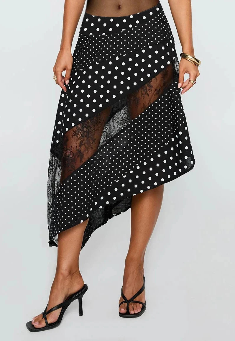 Aiertu  -  Women Y2K Ruffle Layered Maxi Skirt Elastic Waist Asymmetrical Hem Lace Trim A-line Long Skirt Holiday Vacation Aiertu