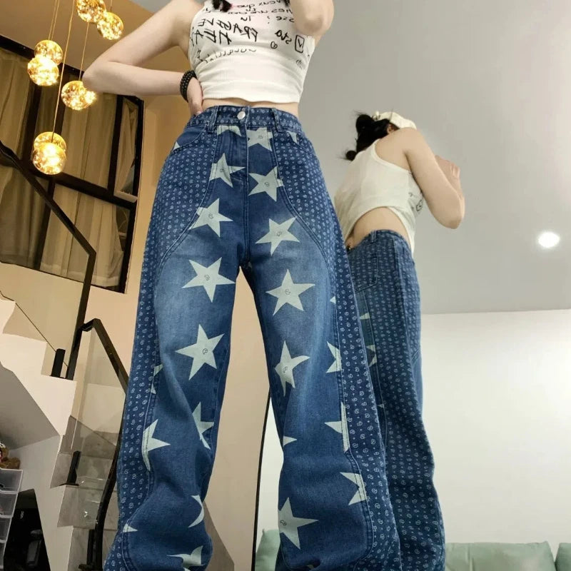 Aiertu  -  Splicing Star Print Design American High Street Jeans Women's Niche Loose Straight Leg Pants Aiertu