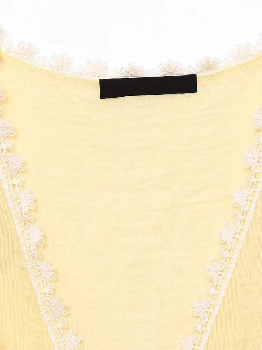 Aiertu  -  Solid Lace Trim Blend Vest Women Summer New Simple V Neck Single Breasted Tank Top Sexy Fashion Casual Sweet Sleeveless Tops Aiertu