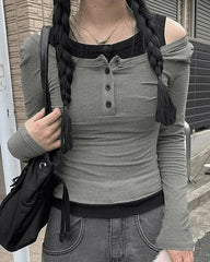 Aiertu  -  Harajuku New Gray Knitted Edgy Clothes Y2k Double Shoulder Long Sleeved Tank Top Women Gothic Retro Crop Tops Women Clothing Aiertu