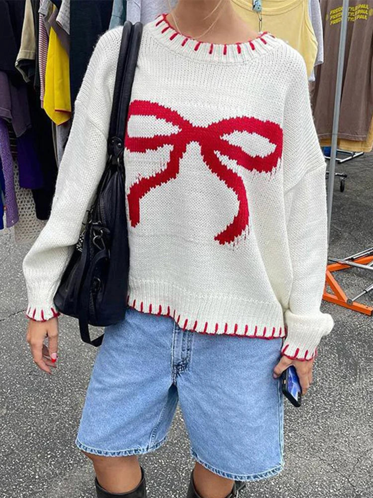Aiertu  -  Bowknot Embroidery Long Sleeve Sweater Women Crew Neck Fashion Loose Color Blocking Knit Pullover 2026 New Autumn Lady Knitwear Aiertu