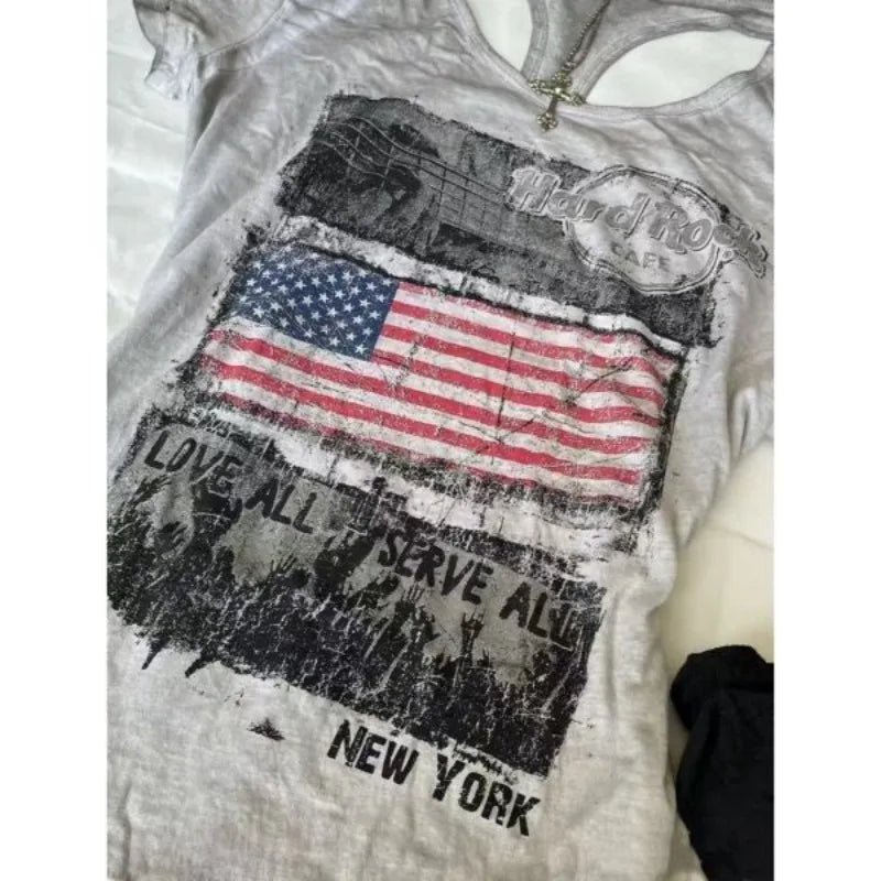 Aiertu  -  American Y2K cotton geometric pattern printed slim fit sexy short-sleeved T-shirts for women in summer new aesthetic casual tops Aiertu
